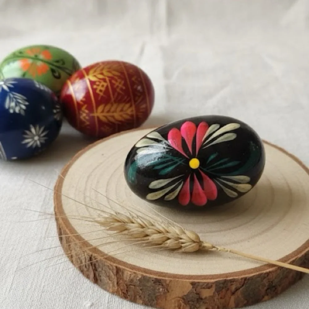 Hand-Painted Ukrainian Pysanky Floral Decorative Wooden Egg